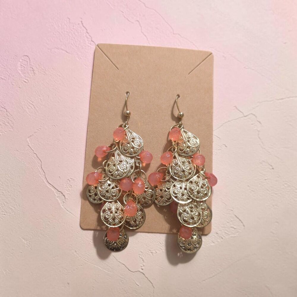 Coral Pink Beaded Chandelier Earrings, Gold Tone Boho Statement Earrings